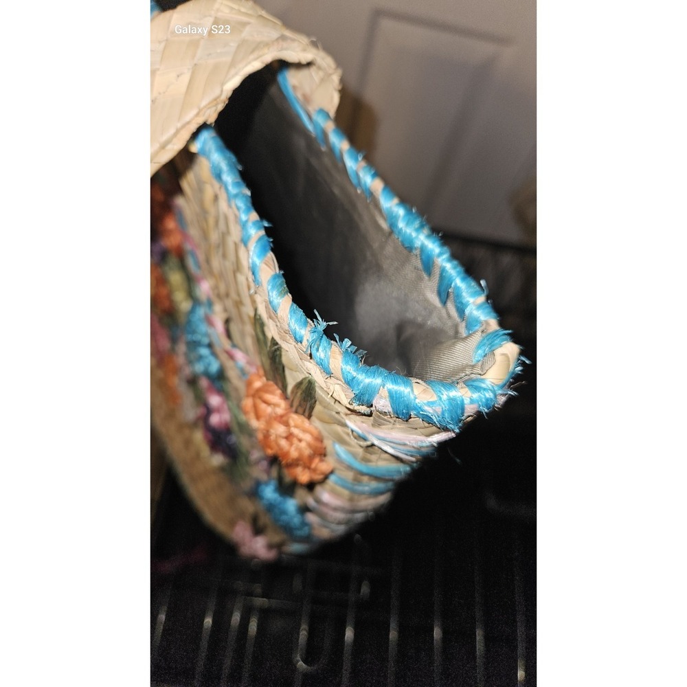 Vintage Embroided‎ Floral Raffia Straw Beach Market Tote Bag Lined Summer Beach - Picture 13 of 13
